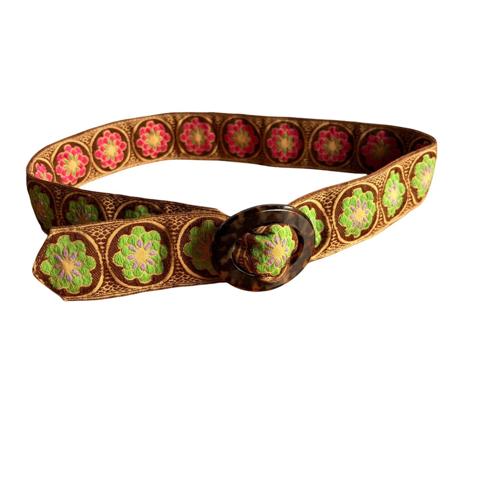 Hadley Pollet Embroidered Floral Fabric Belt Tortoiseshell Buckle Reversible OS